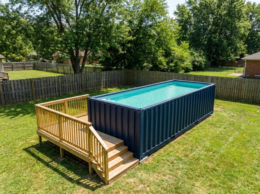 Shipping container pool installed above ground in a backyard