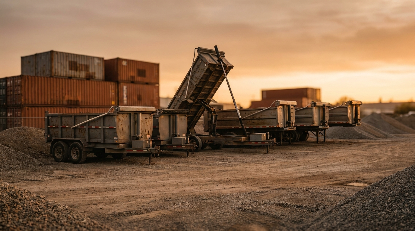 dump trailer cost guide, hydraulic dump trailer with bed raised at a dealer yard