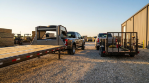 gooseneck vs bumper pull comparison, gooseneck trailer hitched over a pickup bed