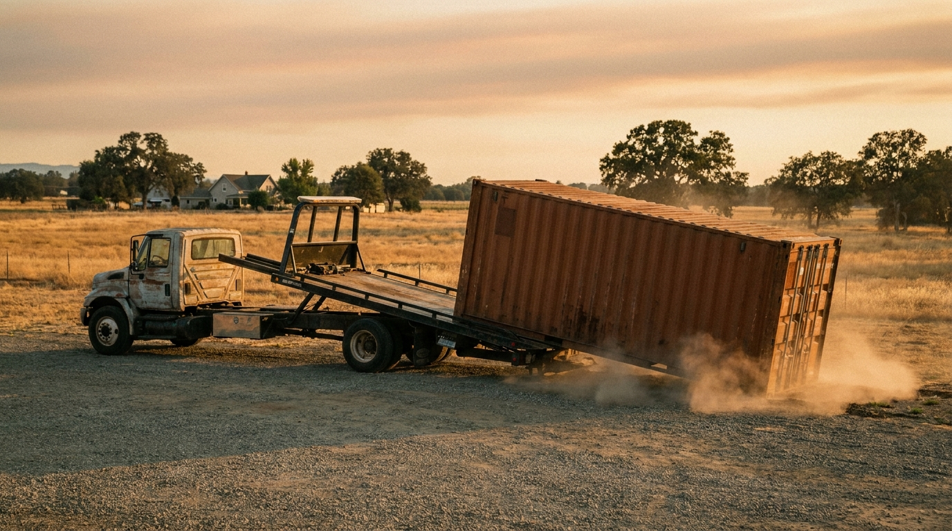 Tilt-bed truck delivering a 20ft shipping container onto a gravel pad