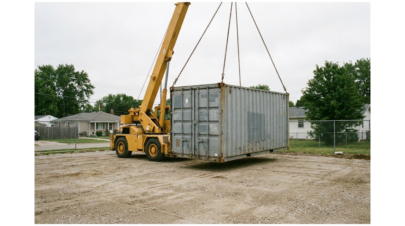 Crane placing a shipping container on a prepared level site